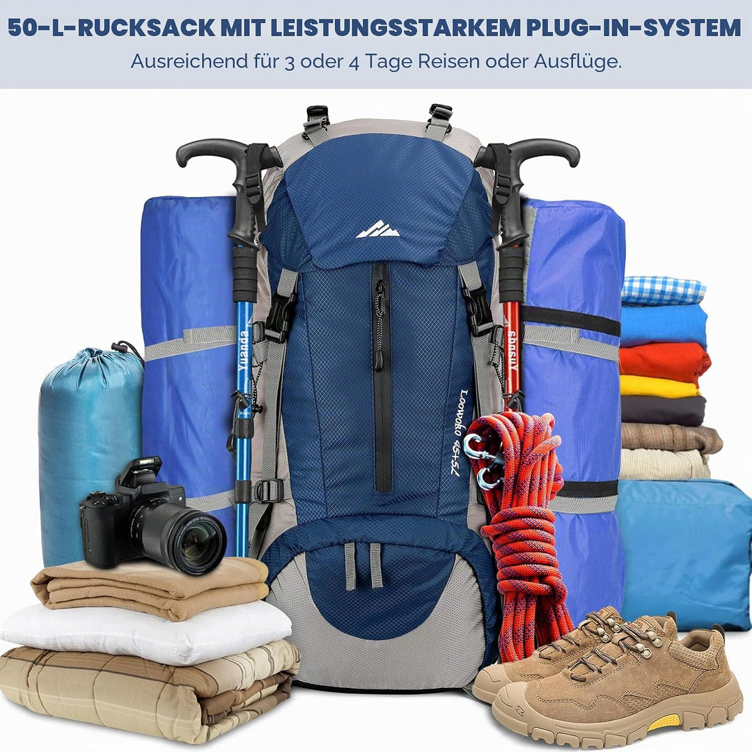 Loowoko Wanderrucksack 50L mit Regenschutz, Camping Rucksack Trekking Tasche für Outdoor, Männer & F