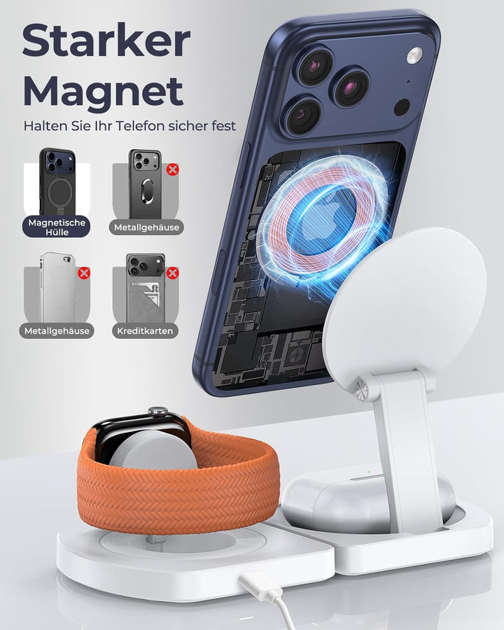 Induktive Ladestation für Apple, MagSafe-kompatible iPhone ladegerät für iPhone 17 Air/16/15/14/13/1