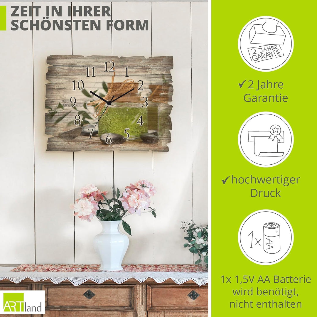ARTLAND Wanddeko Wanduhr ohne Tickgeräusche aus Holz Funk Uhr lautlos Rechteckig 40x30 cm Wellness S