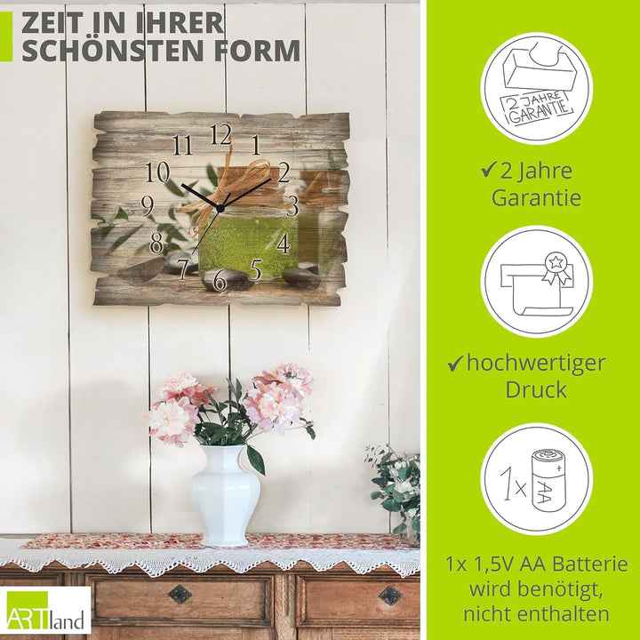 ARTLAND Wanddeko Wanduhr ohne Tickgeräusche aus Holz Funk Uhr lautlos Rechteckig 40x30 cm Wellness S