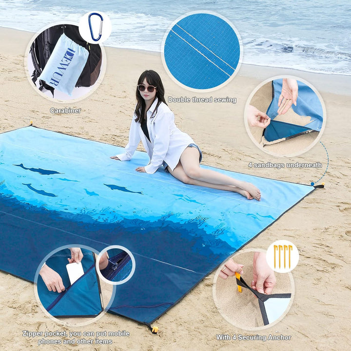 DEWUR Stranddecke sandfrei XXL Strandtuch wasserdicht Strandmatte Picknickdecke gross für Urlaub Str