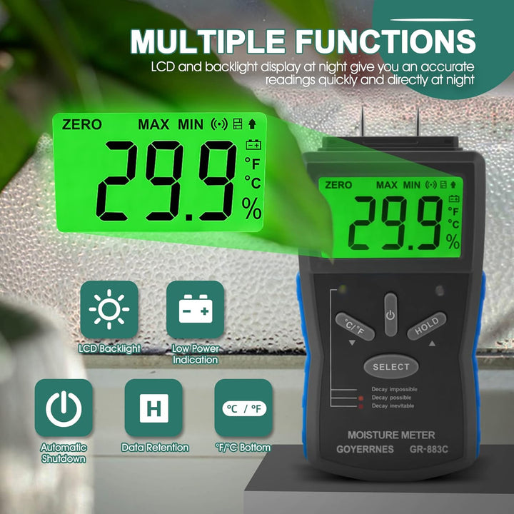 Feuchtigkeitsmessgerät,Pin Typ Digital Holzfeuchtemessgerät,GR-883C Handfeuchtesensor mit 3 farbigen