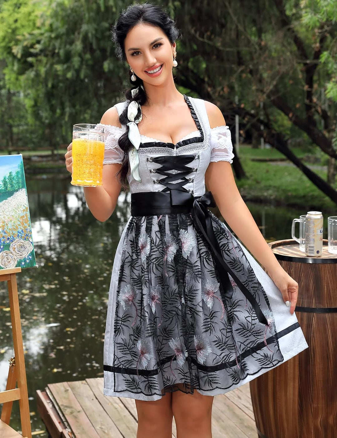 Clearlove Damen Dirndl midi 3tlg.Trachtenkleid für Oktoberfest,Karneval,DREI Teilig: Kleid, Bluse, S
