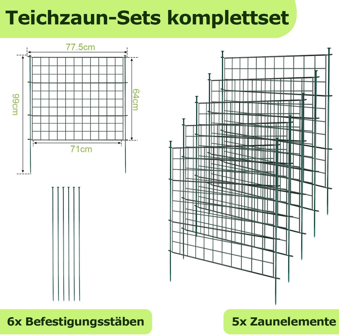 Yakimz Teichzaun, 11 Stück Set Gitterzaun Metallgitter, Teichzaun Steckzaun Metallzaun - 5 Zauneleme