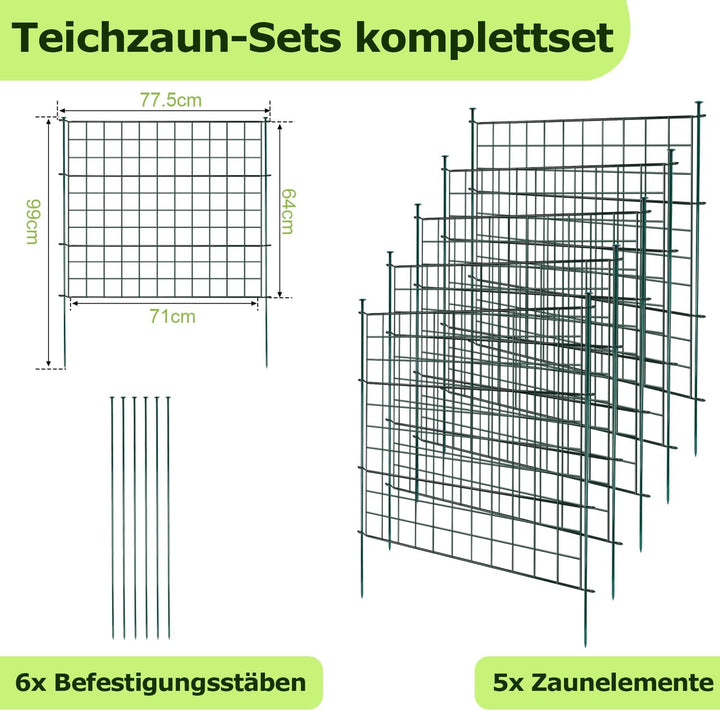 Yakimz Teichzaun, 11 Stück Set Gitterzaun Metallgitter, Teichzaun Steckzaun Metallzaun - 5 Zauneleme