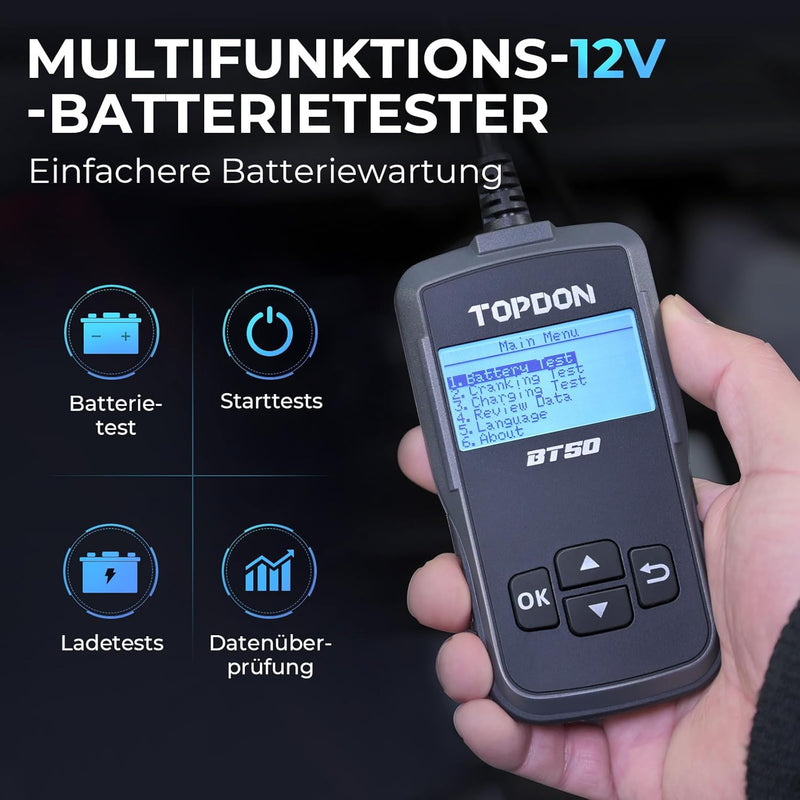 TOPDON BT50, 12V Blei Säure Batterietester, führt Batterietests, Anlasstests und Ladetests durch und