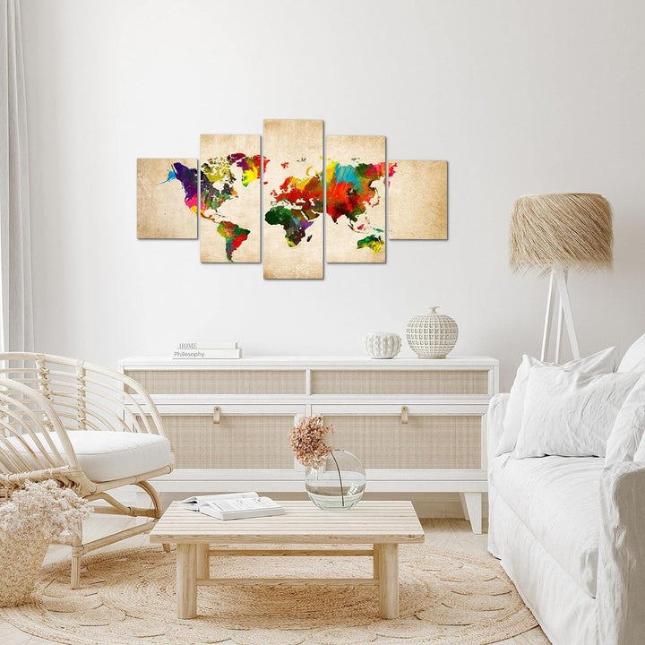 Runa Art Wandbilder Weltkarte 5 Teilig Bild auf Vlies Leinwand Deko Büro Wohnzimmer Kontinente Landk