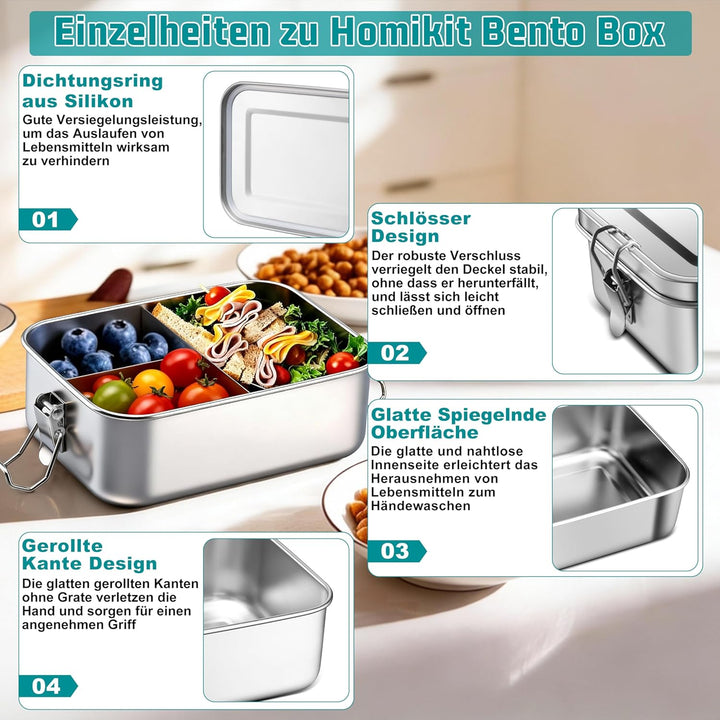 Homikit Brotdose mit Fächern 2er Set, 1400ml Edelstahl Lunchbox Bento Box Erwachsene, Auslaufsicher
