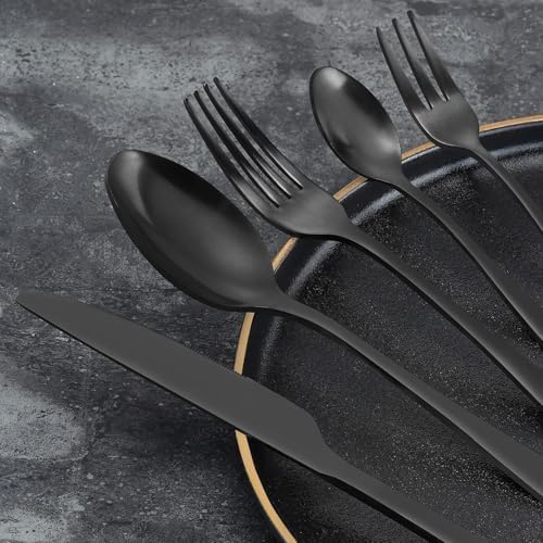 BEWOS Besteck Set für 12 Personen, 60 teilig Schwarz Mattiert Essbesteck Set inkl. Messer, Gabel, Lö