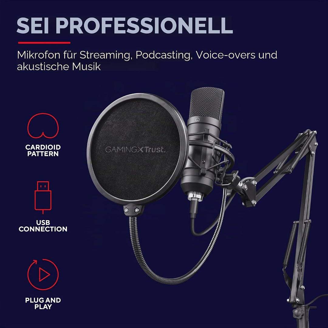 Trust Gaming 22400 GXT 252 Emita Plus Studio USB Mikrofon mit Arm und Popfilter, mit Nierencharakter