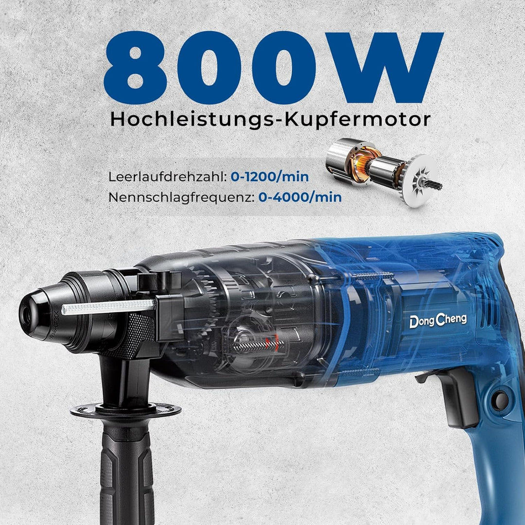 DongCheng Bohrhammer 800W, Schlagenergie 2.8 J, Leerlaufdrehzahl 0-1200U/min, mit 4 Drill Bit SDS pl