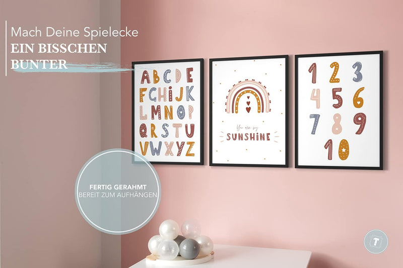 Papierschmiede® Kinderbilder 3er Set Lernposter, A4 gerahmt in Holzrahmen (schwarz), Geschenk für Mä