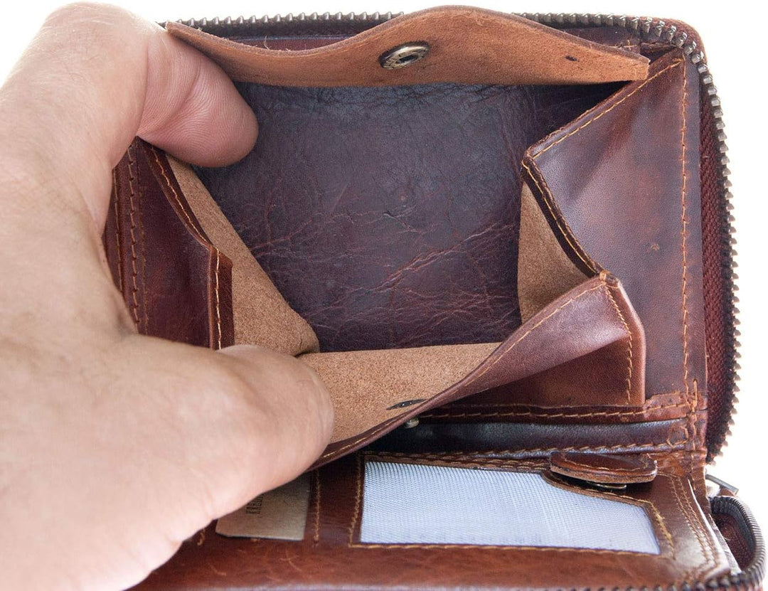 FLW Herren Biker Reissverschluss Naturleder Geldbörse mit einer Metallkette