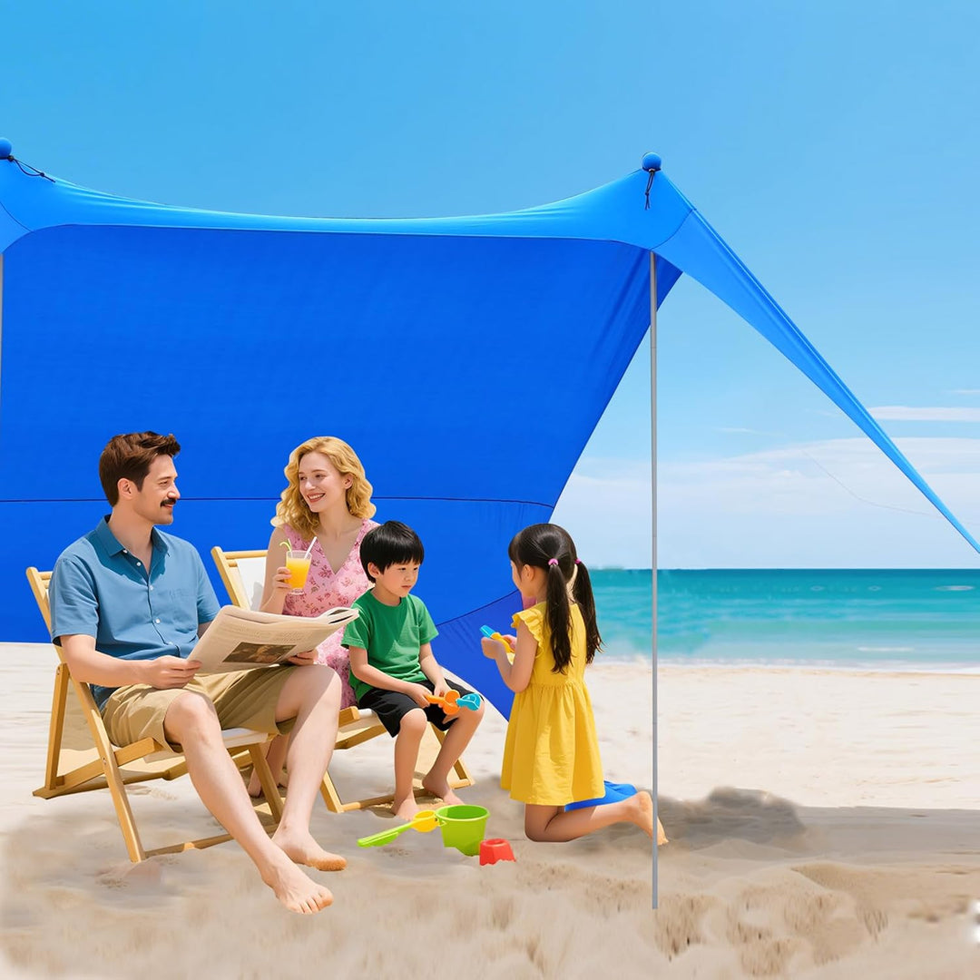 Strandzelt 2x2.1 m Pop-Up LSF 50 Sonnenschutz, Anti-Wind Strandmuschel mit Eisen Stabilitätsstangen