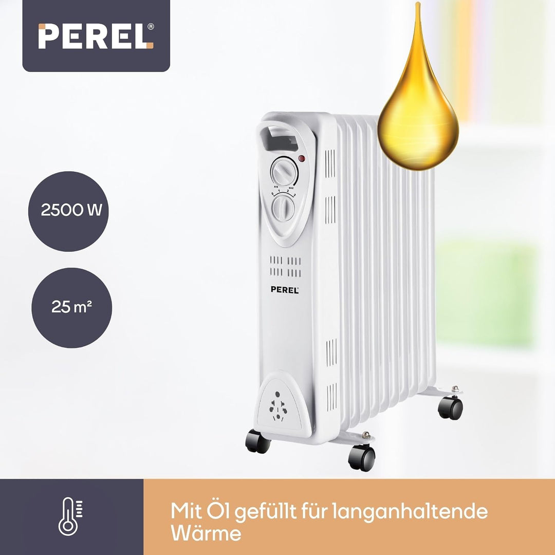 Perel 2500W Ölradiator mit 11 Rippen, 3 Heizstufen, einstellbarem Thermostat, Griff, Rädern, Überhit