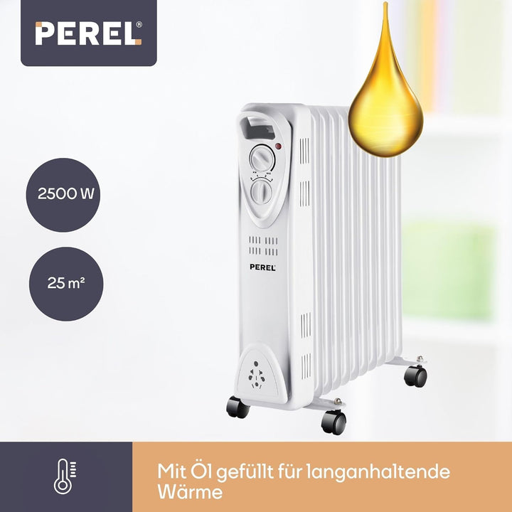 Perel 2500W Ölradiator mit 11 Rippen, 3 Heizstufen, einstellbarem Thermostat, Griff, Rädern, Überhit