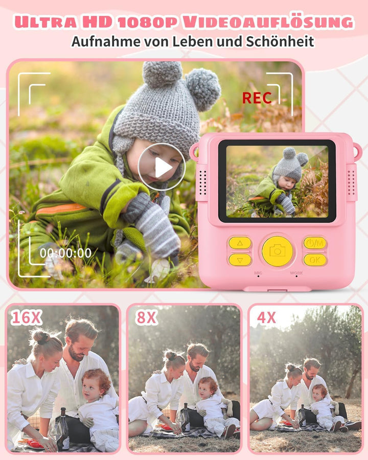 YKSLEMON Kinderkamera Sofortbildkamera, 2,4'' Bildschirm Sofortbildkamera Kinder, 24MP-1080P Digital