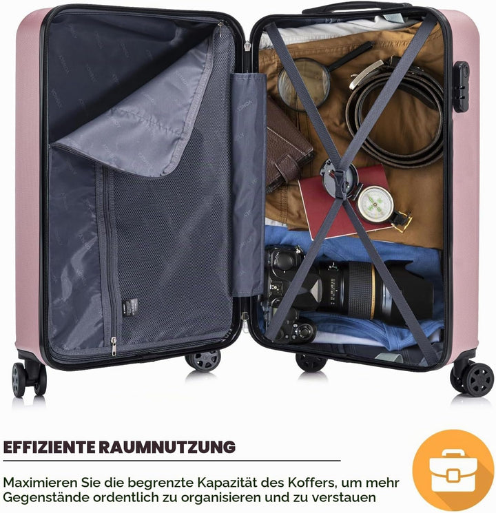 Koffer Suitcase M Roségold, Trolley Reisekoffer, Kabinenkoffer Rollkoffer Handgepäck mit 4 Rollen 36