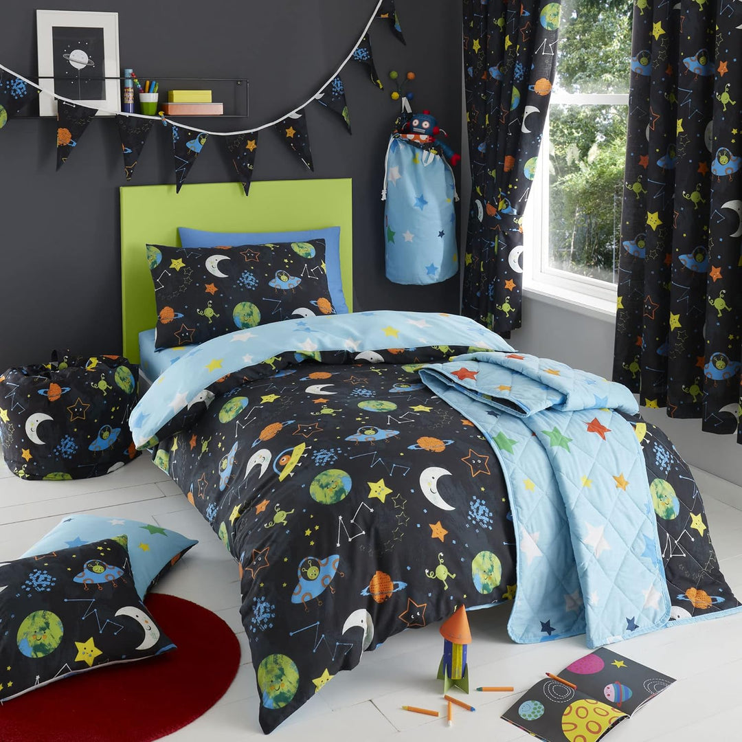 Happy Linen Company Mädchen Jungen Kinder Alien Abenteuer Weltraum Marineblau Einzelbett Wendebettwä
