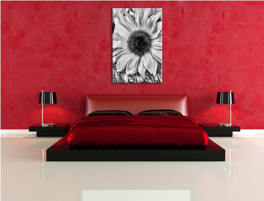 Pixxprint Monocrome, Sonnenblumen auf altem Holztisch, Format: 100x70 auf Leinwand, XXL riesige Bild