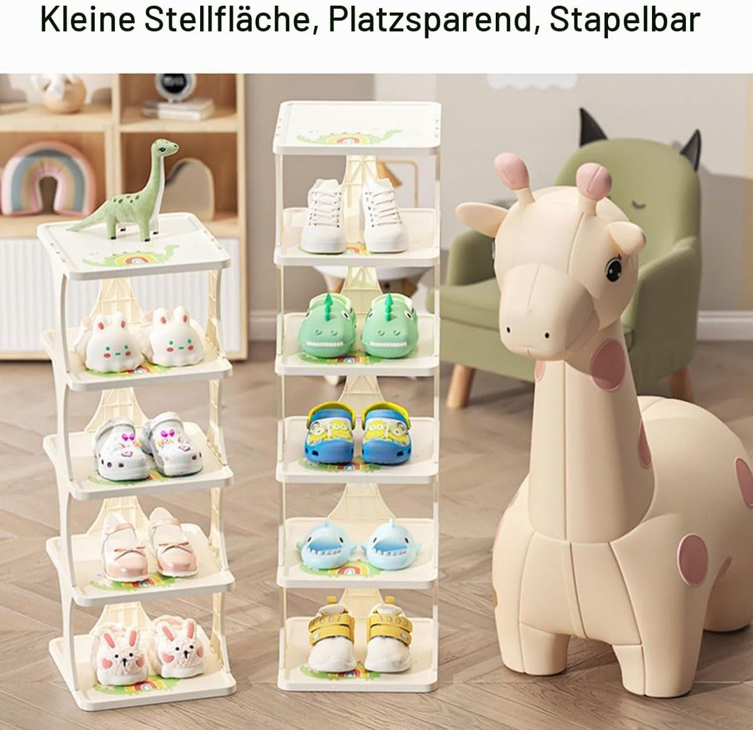 Schuhregal Kinder Verstellbar, 6 Stöckige Schuhregal Schmal und Hoch, Shoe Rack Weiss mit Dinosaurie