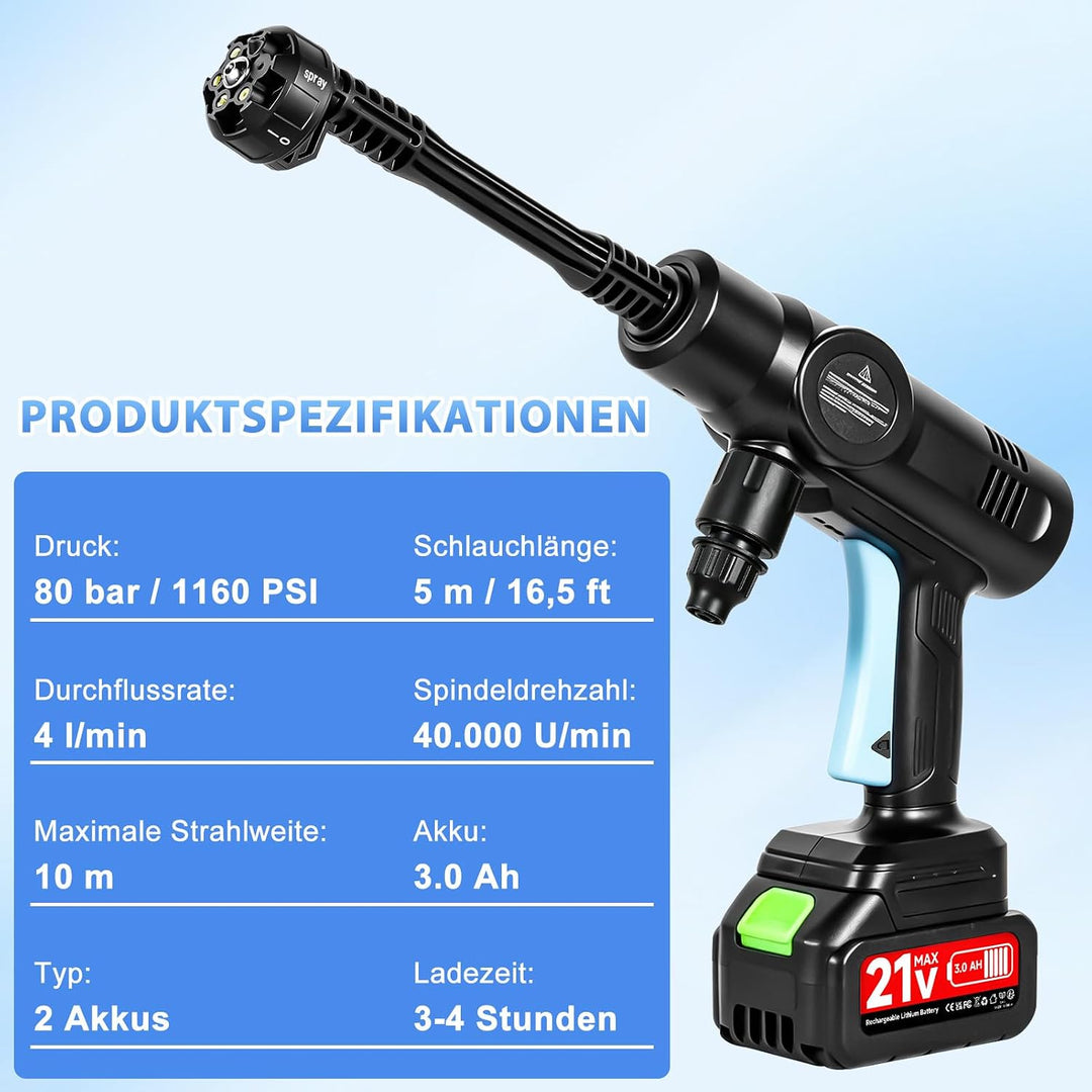 Akku Hochdruckreiniger, Mobiler hochdruckreiniger mit 2×3.0Ah Akkus, 6-in-1 Multifunktionale, 5M Sch