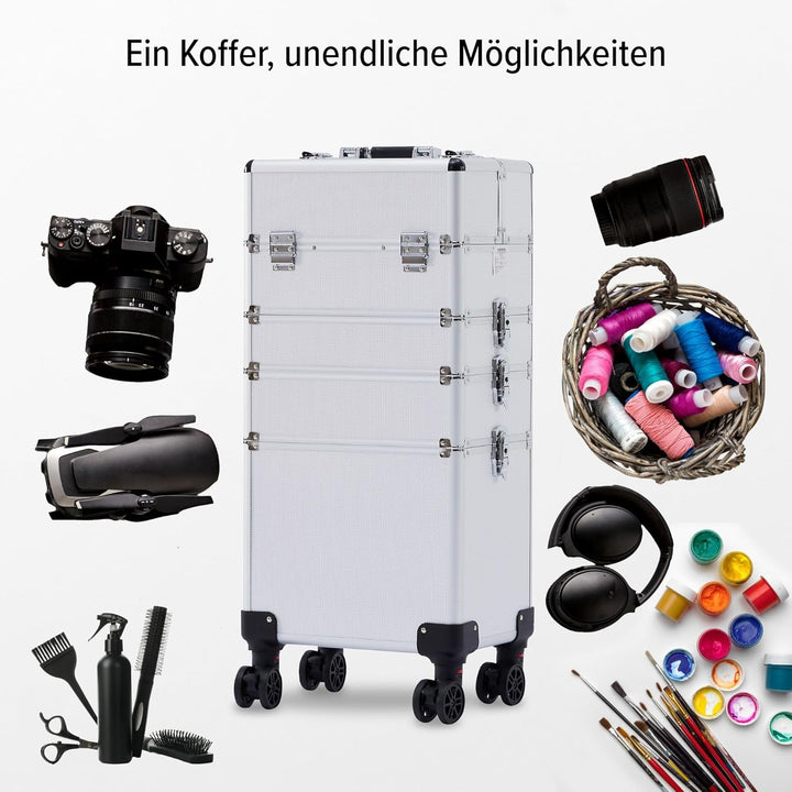 Arebos 4-in-1 Kosmetikkoffer | 4 Fächer & 1 Schublade | Teleskop- und Tragegriff | 8 Schlösser | 4X