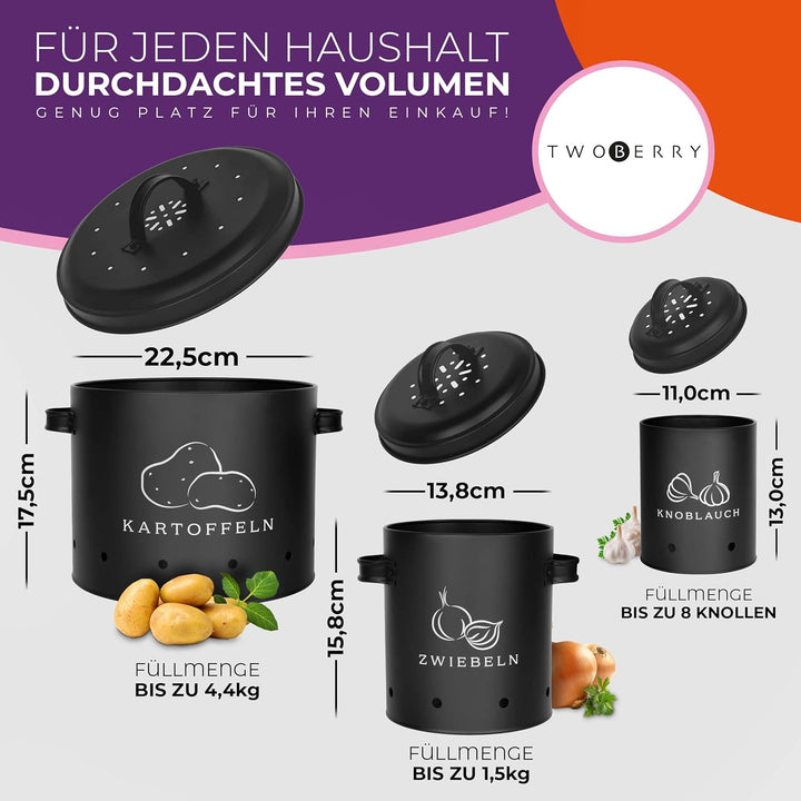 TWOBERRY Kartoffel Aufbewahrungsbox [3er Set] inkl. Sparschäler- längere Haltbarkeit durch 360° Luft