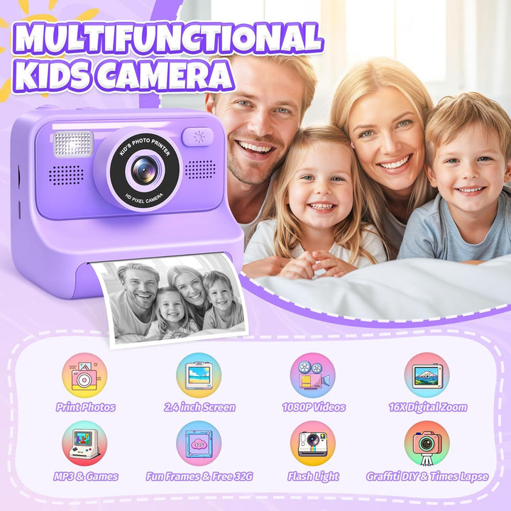 Kinderkamera Sofortbildkamera, 2,4-Zoll Selfie Kamera mit 32GB Karte | 3 Rollen Fotopapier, 1080P Ki