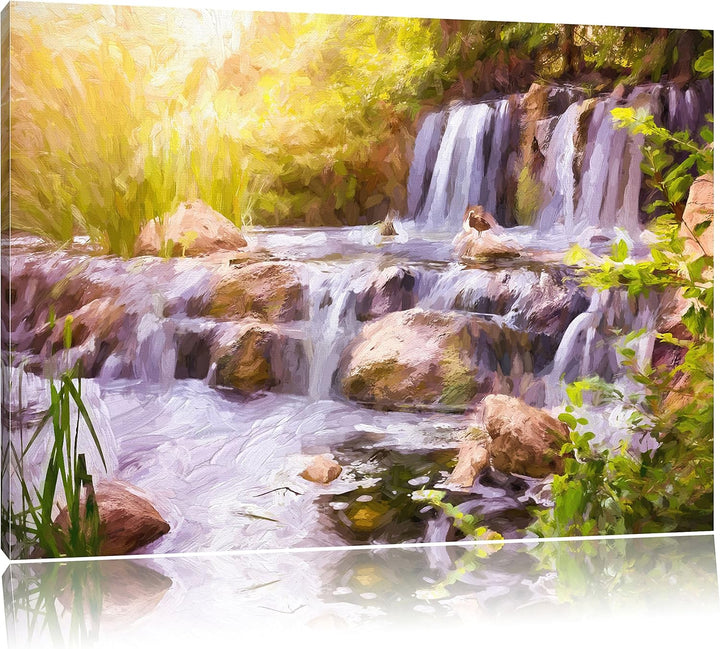 Pixxprint Wasserfall / 100x70cm Leinwandbild bespannt auf Holzrahmen/Wandbild Kunstdruck Dekoration,