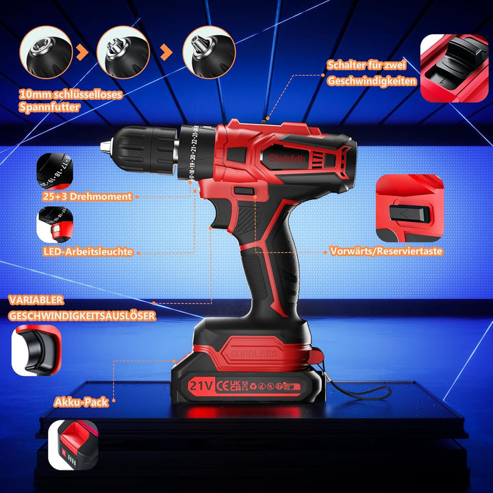Akkuschrauber, 21V Akku Bohrschrauber Set mit Akku 1×2000mAh 45Nm Drehmoment Max 25+3 Drehmomentstuf
