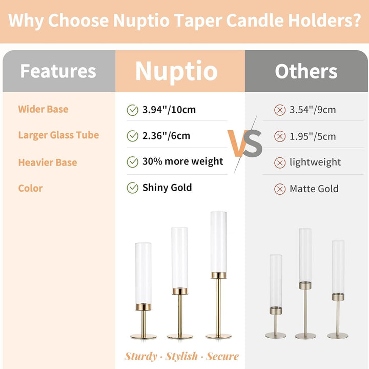 Nuptio Glaszylinder für Kerzen Kerzenhalter Gold: 60 & 55 & 50cm Gross Klarglas Metall Kerzenständer
