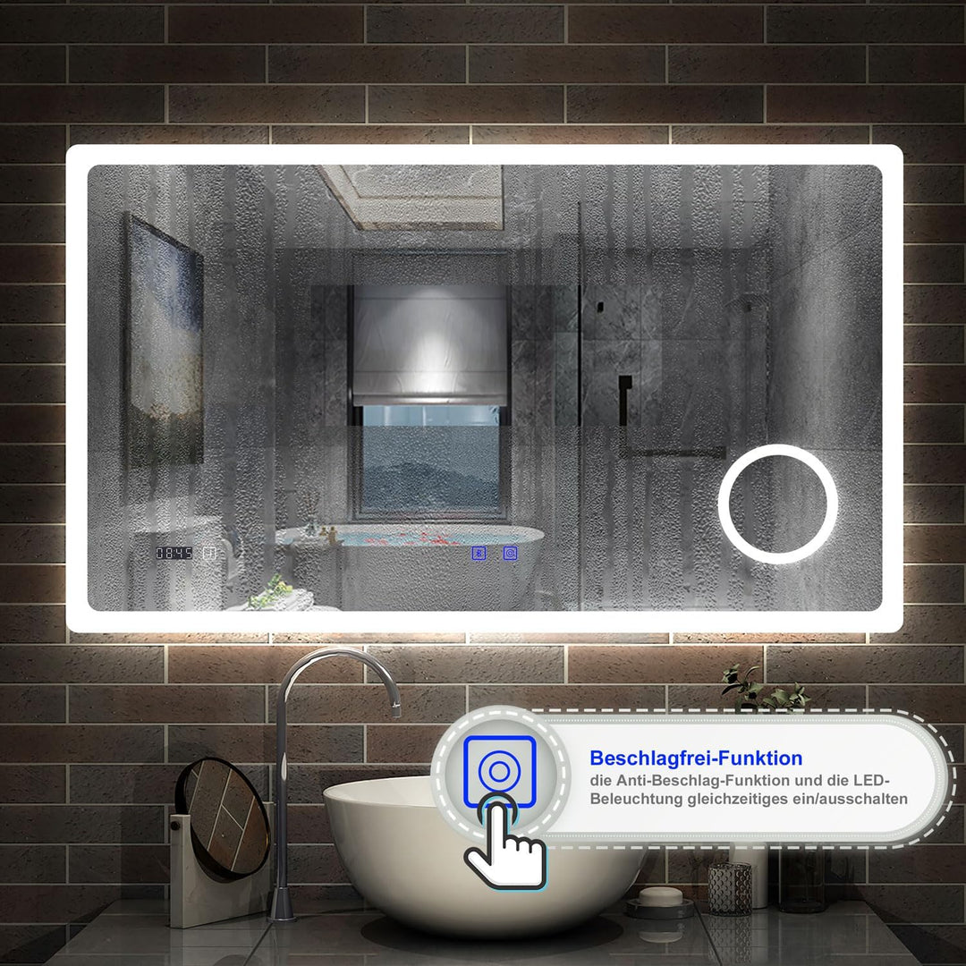 Aica Sanitär Badspiegel mit Bluetooth 120×70cm Uhr Schminkspeigel Kalt/Neutral/Warmweiss dimmbar Tou
