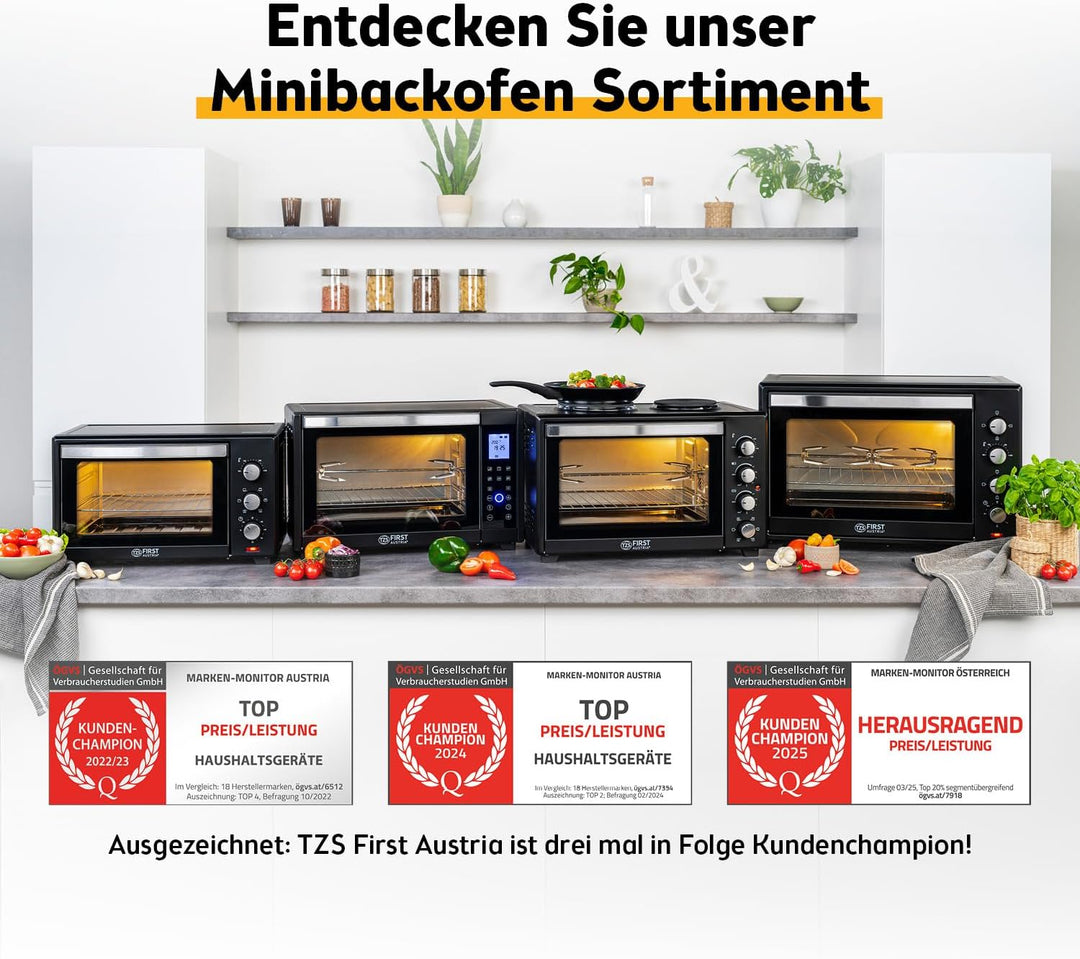 TZS First Austria Minibackofen 30 Liter 3200 Watt Mini-Backofen mit Kochplatten, Krümelblech, Drehsp