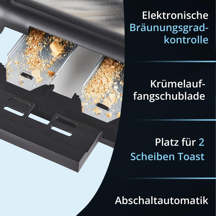 KHG Edelstahl Toaster mit Brötchenaufsatz, 2 Scheiben, 6 Bräunungsstufen mit Bräunungskontrolle, Krü