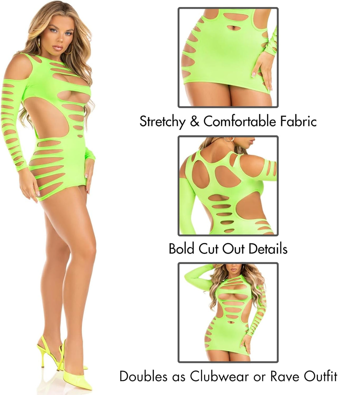 LEG AVENUE Damen Minikleid Blickdicht, zerkleinert, Ausgeschnitten, neon Green, Einheitsgrösse Einhe