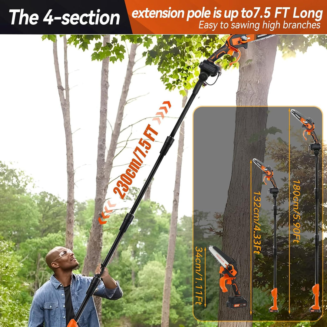 2-in-1 Akku-Pole Säge, hohe Zweigsäge Handkettensäge mit 4&6 Zoll Ketten 2pcs wiederaufladbare 21V B