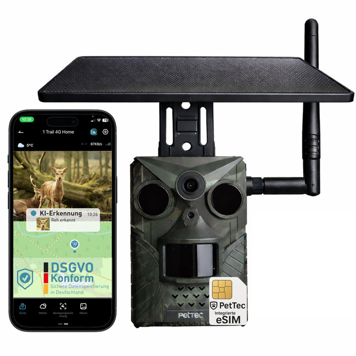 PetTec - PetCam Trail 4G Wildtierkamera mit Solar Panel und mit Nachtsicht & Bewegungsmelder - Ausse