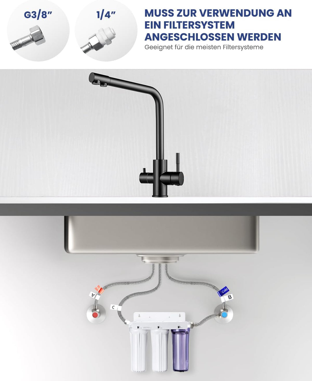 3 Wege Wasserhahn Küche Schwarz, Küchenarmatur Mit 2 Hebel, Mischbatterie Küche Mit Heissem Und Kalt