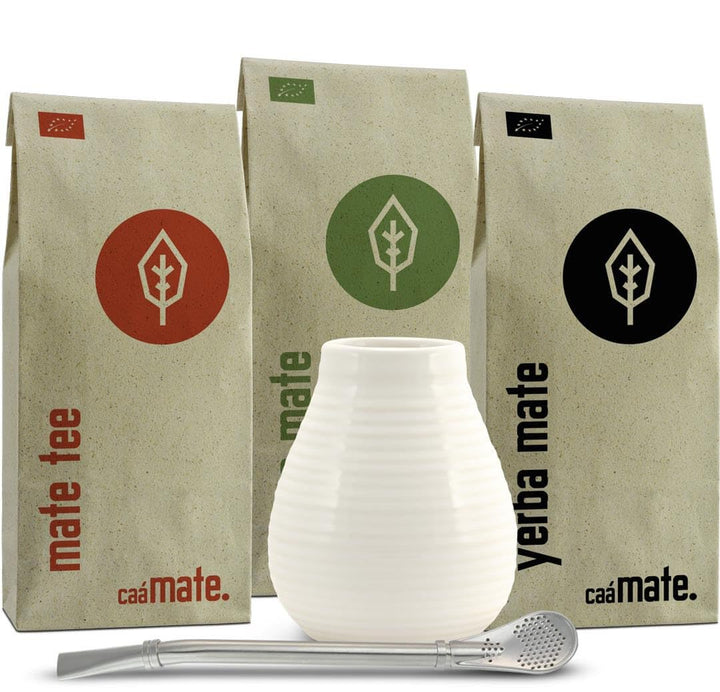 Mate Tee Set Keramik ● 3 Bio Matesorten + Matebecher + Bombilla + Zubereitungsanleitung (weiss), wei