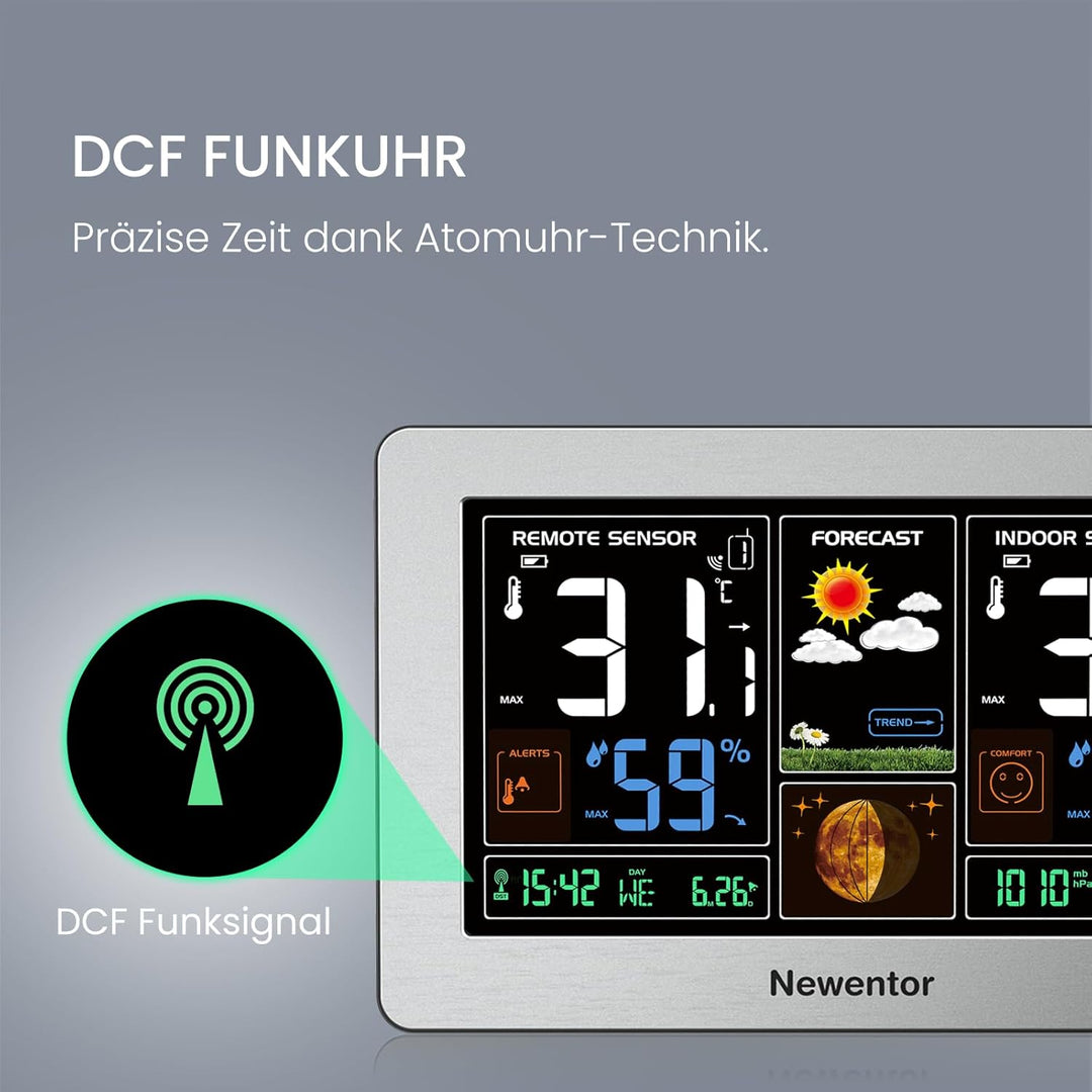 Newentor Wetterstation Funk mit Aussensensor - Funkwetterstation mit Wettervorhersage, Temperaturwar