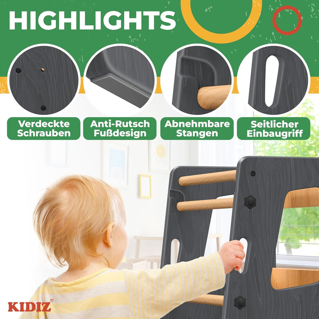 KIDIZ® Lernturm für Kinder ab 1 Jahr inkl. Lernuhr | 3-stufig Höhenverstellbarer Tritthocker aus Kie