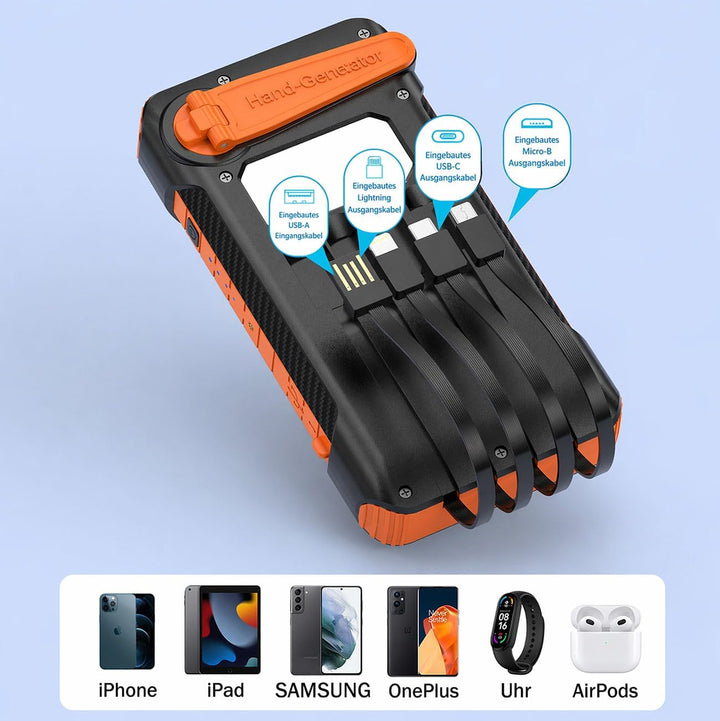 revolt Handkurbel-Powerbank: Kurbel-Dynamo-Solar-Powerbank, 10.000 mAh, USB-C PD bis 20 W, LED (Hand