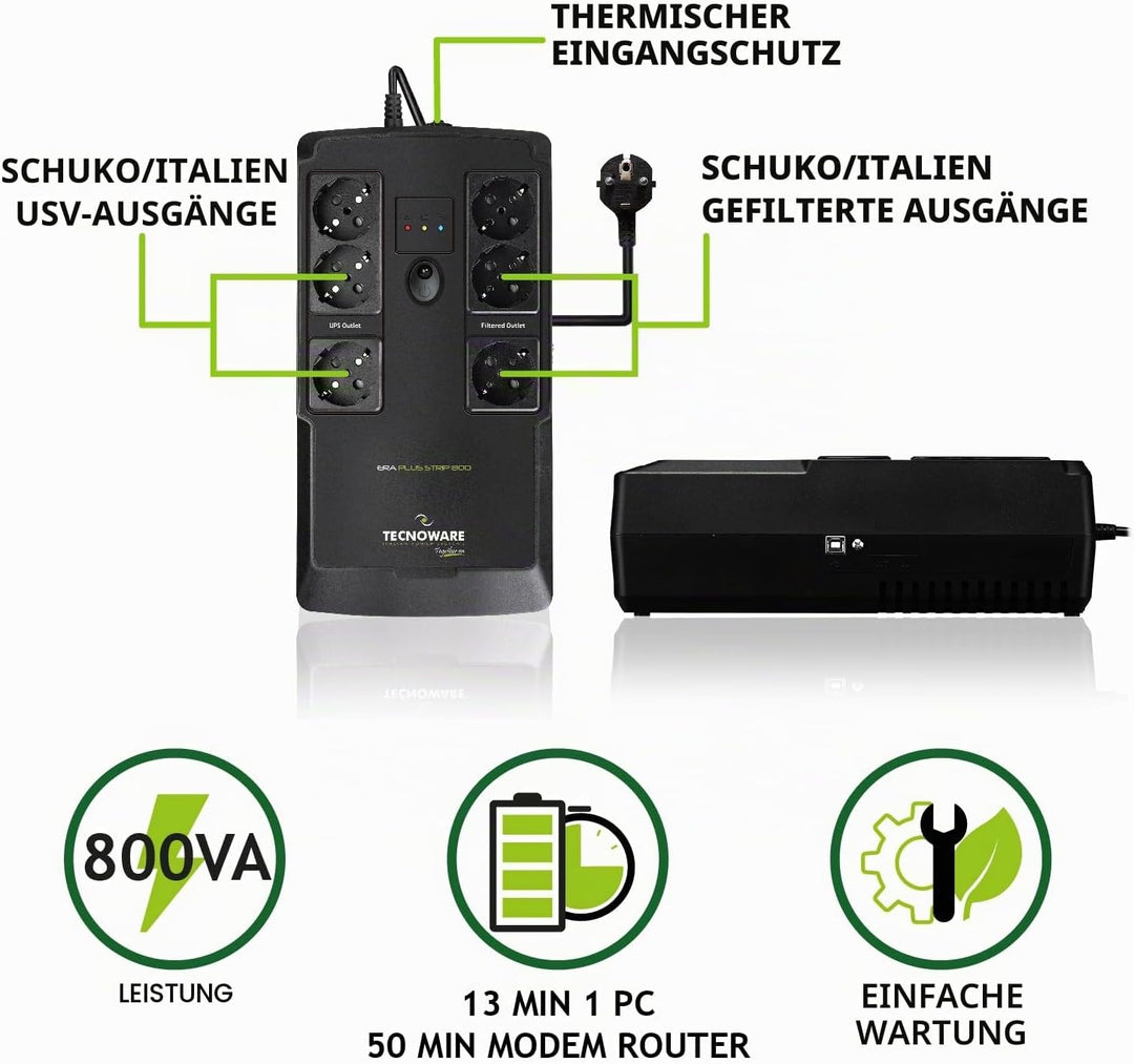 Tecnoware USV ERA PLUS STRIP 800 Unterbrechungsfreie Stromversorgung - 6 Schuko-Ausgänge - Autonomie