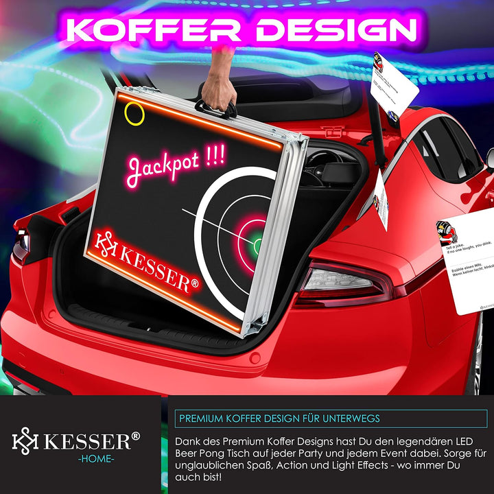 KESSER® Bier Pong Tisch Set mit Kartenspiel Trinkspiel LED-Action inkl. 100 Becher (50 Rot & 50 Blau