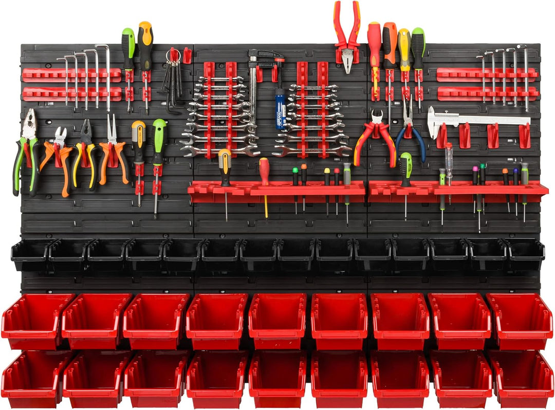 Lagersystem Werkstattregal | 117 x 78 cm | 32 stck. Box | Wandregal mit Werkzeughalterungen und Stap