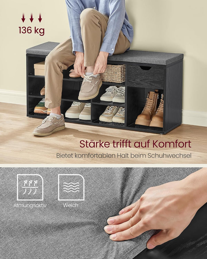 VASAGLE Custos Kollektion - Schuhbank, Schuhregal mit Schublade und offenen Fächern, Sitzbank, gepol