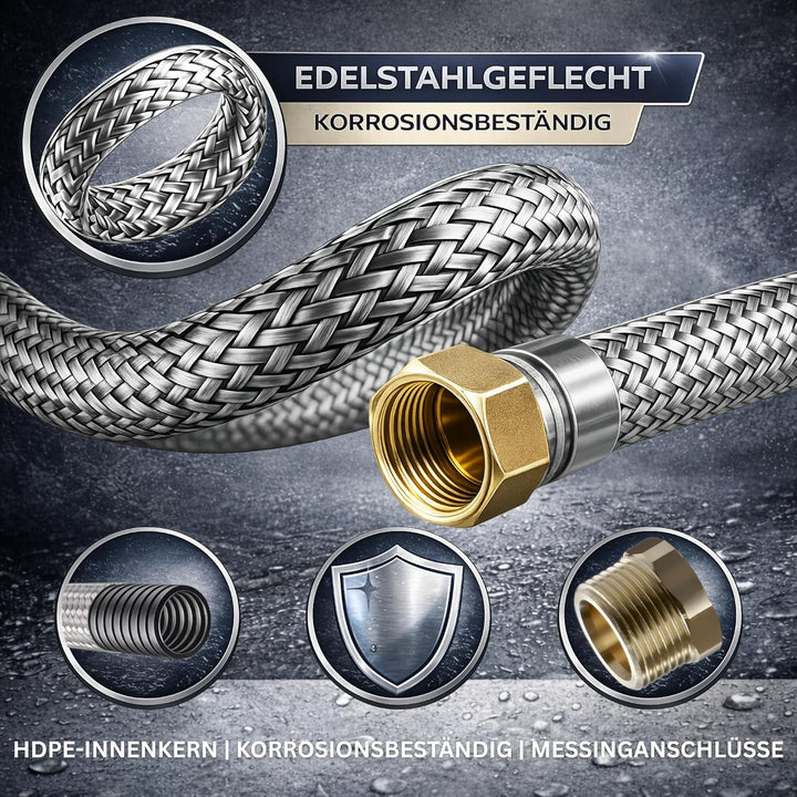 DVGW gep. Panzerschlauch 1 Zoll DN25 Edelstahl Flexschlauch Wasseranschluss Heizung Enthärtungsanlag