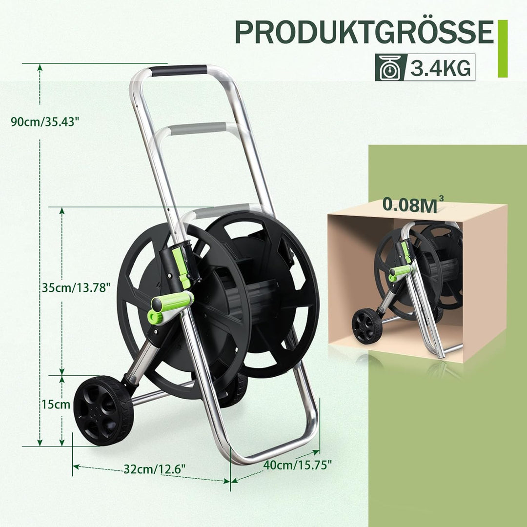 Schlauchwagen Metall, Fahrbare GartenSchlauchtrommel für 32-60m 1/2" Schlauch, mit Rädern, Verstellb