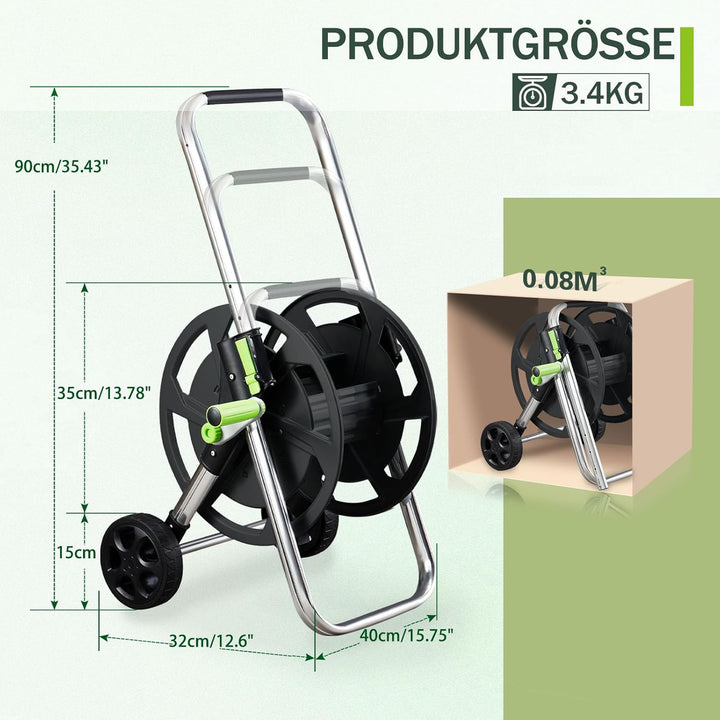 Schlauchwagen Metall, Fahrbare GartenSchlauchtrommel für 32-60m 1/2" Schlauch, mit Rädern, Verstellb